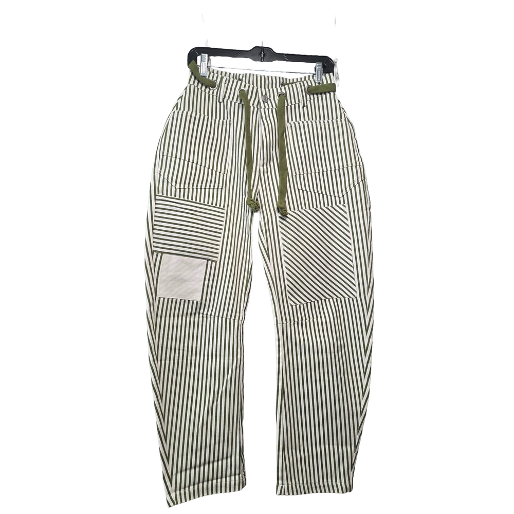 Stylish Women's Striped Barrel Leg Cargo Jeans - Olive and White